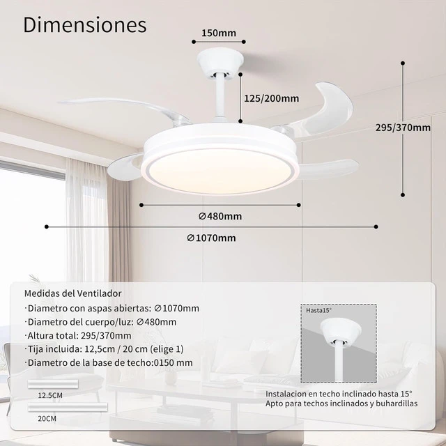 Dimensiones e instalación en techo inclinado